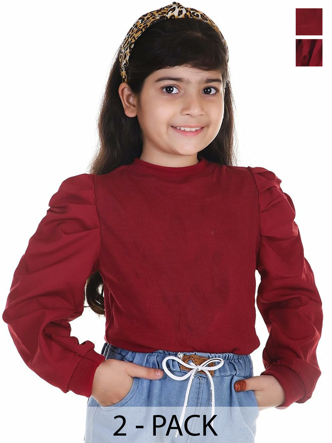 BAESD Girls Pack Of 2 Vertical Striped Puff Sleeves Tops