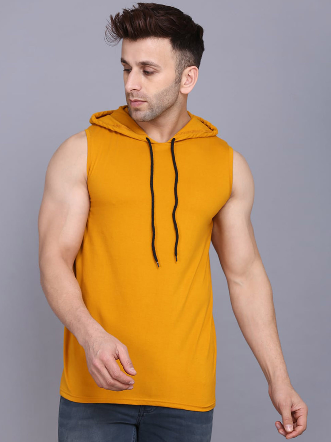 SLOWLORIS Hooded Sleeveless Gym Vest SL028 PLAIN MUSTARD