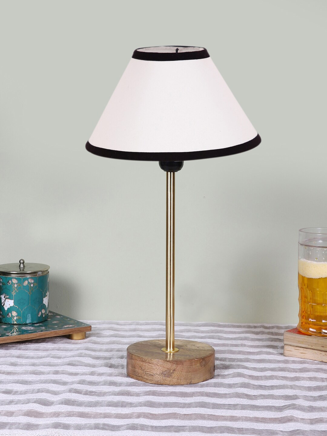 Devansh White & Black Frustum Wooden Base Table Lamp