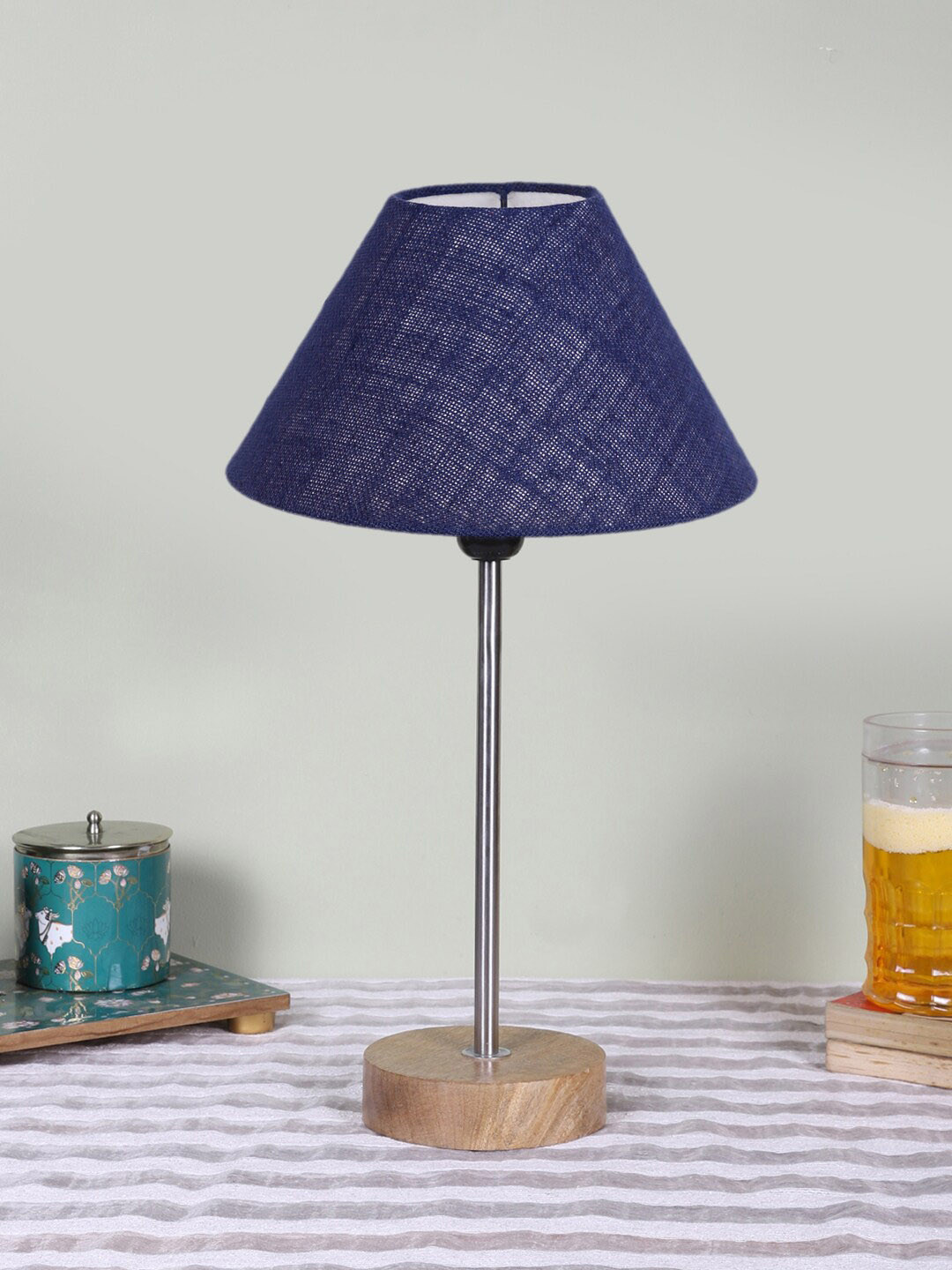 Devansh Blue Frustum Wooden Base Table Lamp