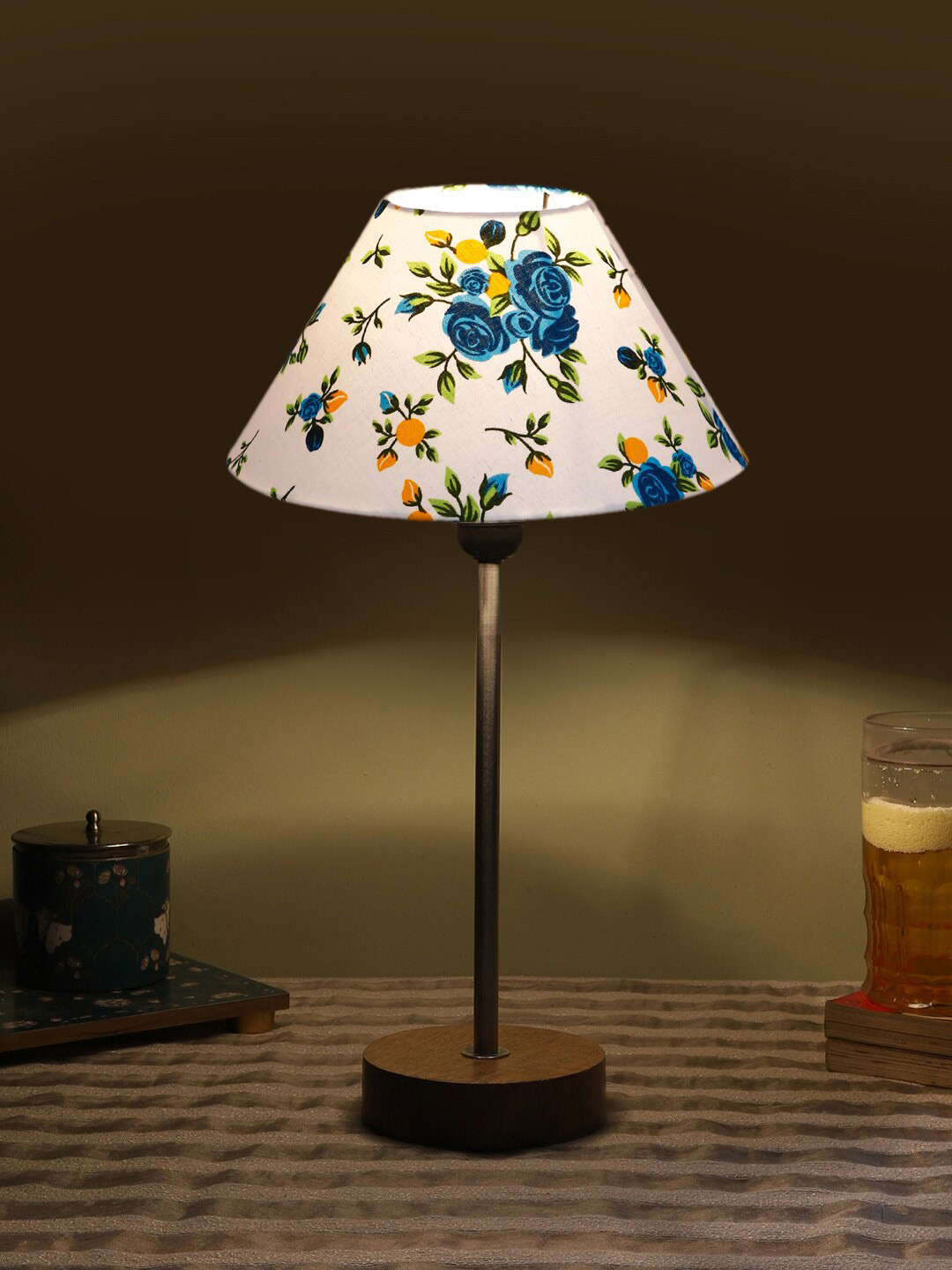 Devansh White & Blue Frustum Wooden Base Table Lamp