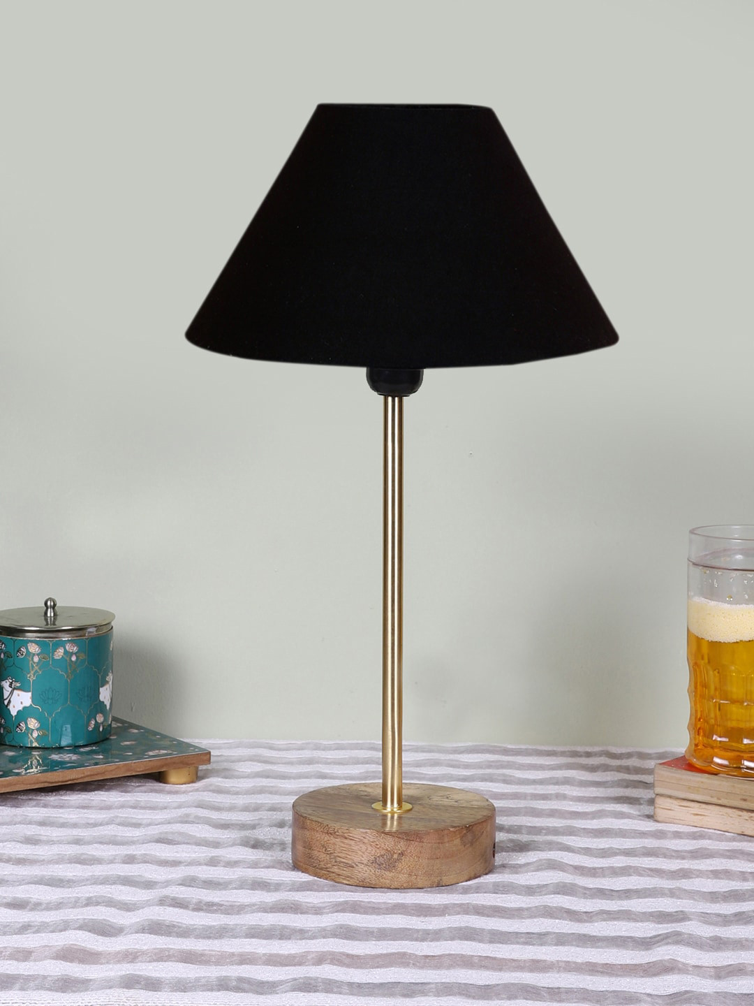 Devansh Black Frustum Wooden Base Table Lamp