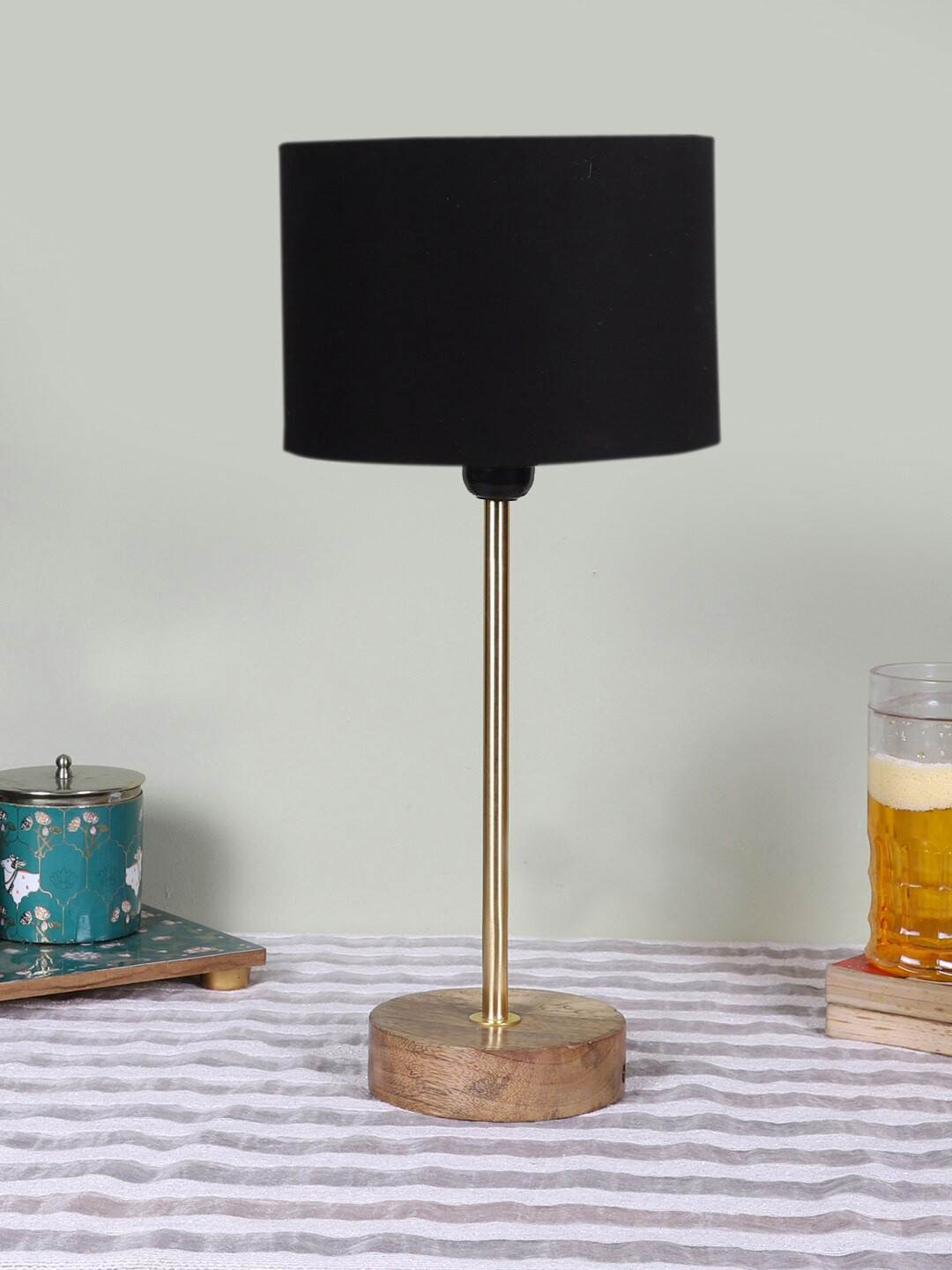 Devansh Black Wooden Cylinder Contemporary Table Lamps