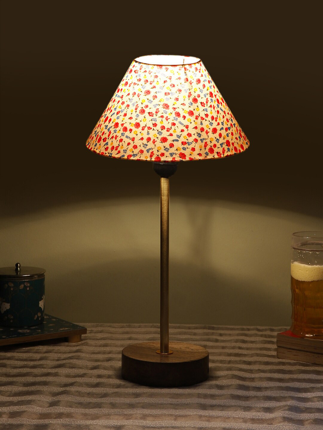 Devansh White & Pink Printed Frustum Wooden Contemporary Table Lamp