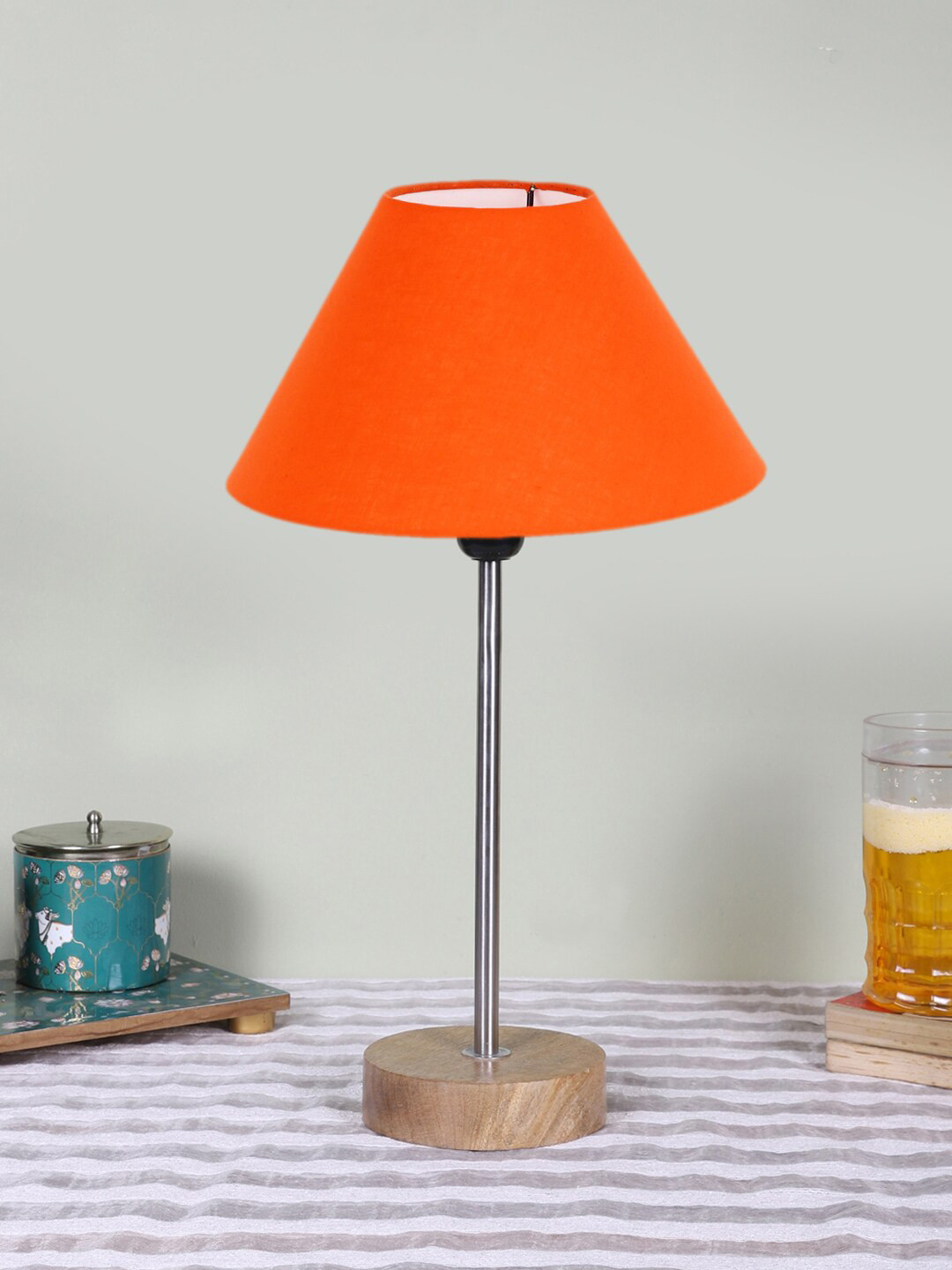 Devansh Orange Textured Wooden Contemporary Frustum Shaped Table Lamp