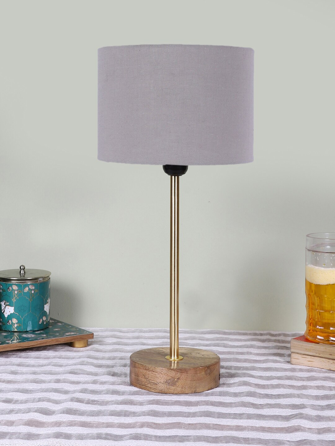 Devansh Grey and Brown Cotton Shade Cylindrical Table Lamps