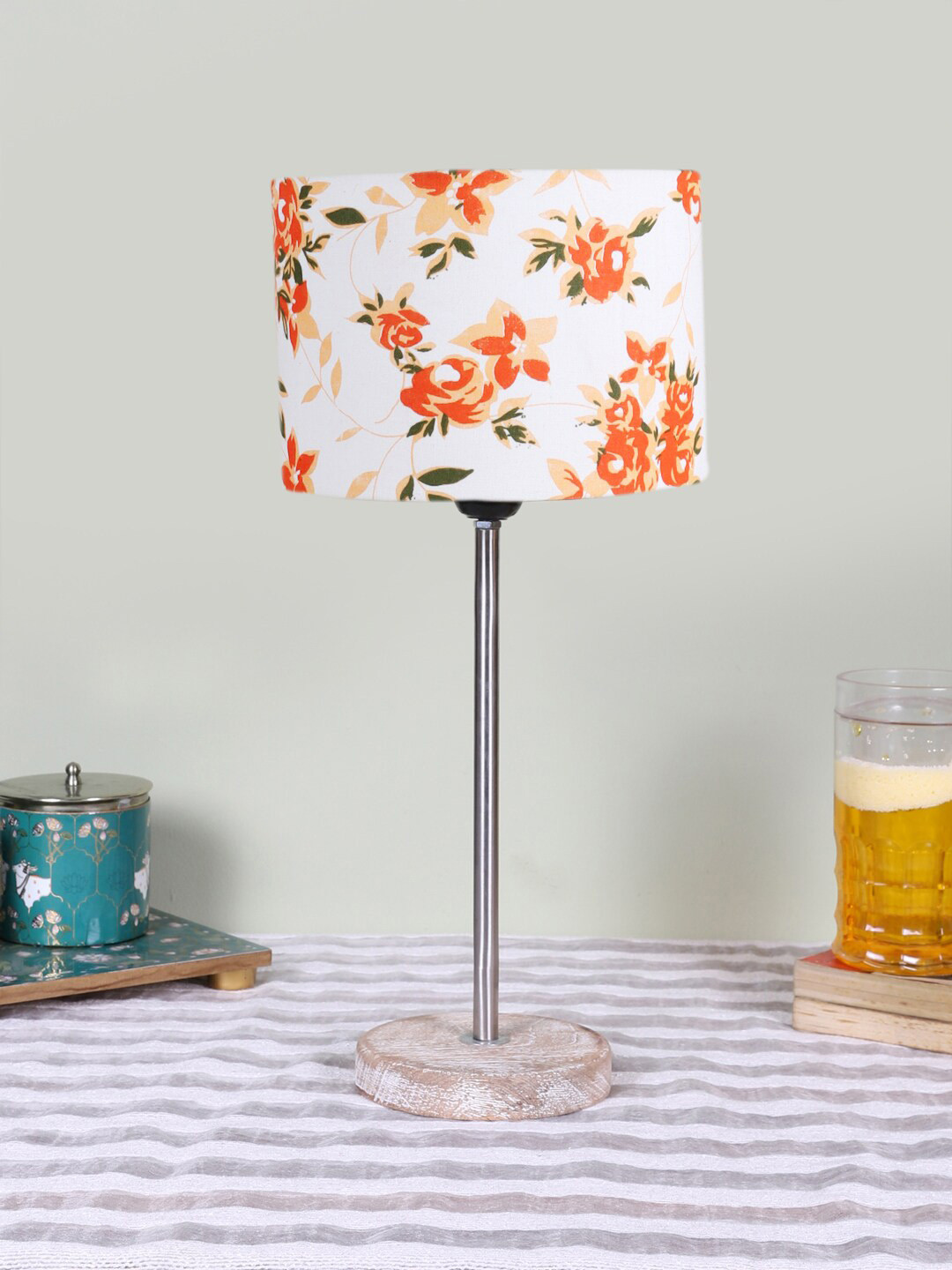 Devansh White and Orange Floral Printed Wooden Cylindrical Table Lamps