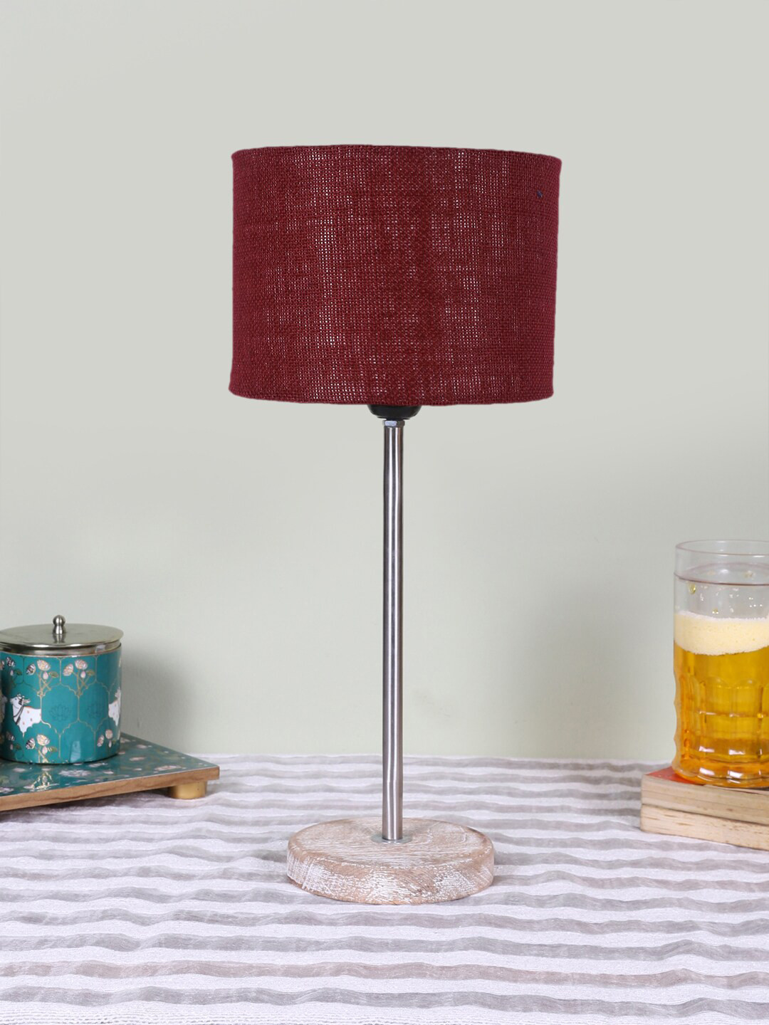 Devansh Maroon and SilverToned Wooden Cylinderical Table Lamps