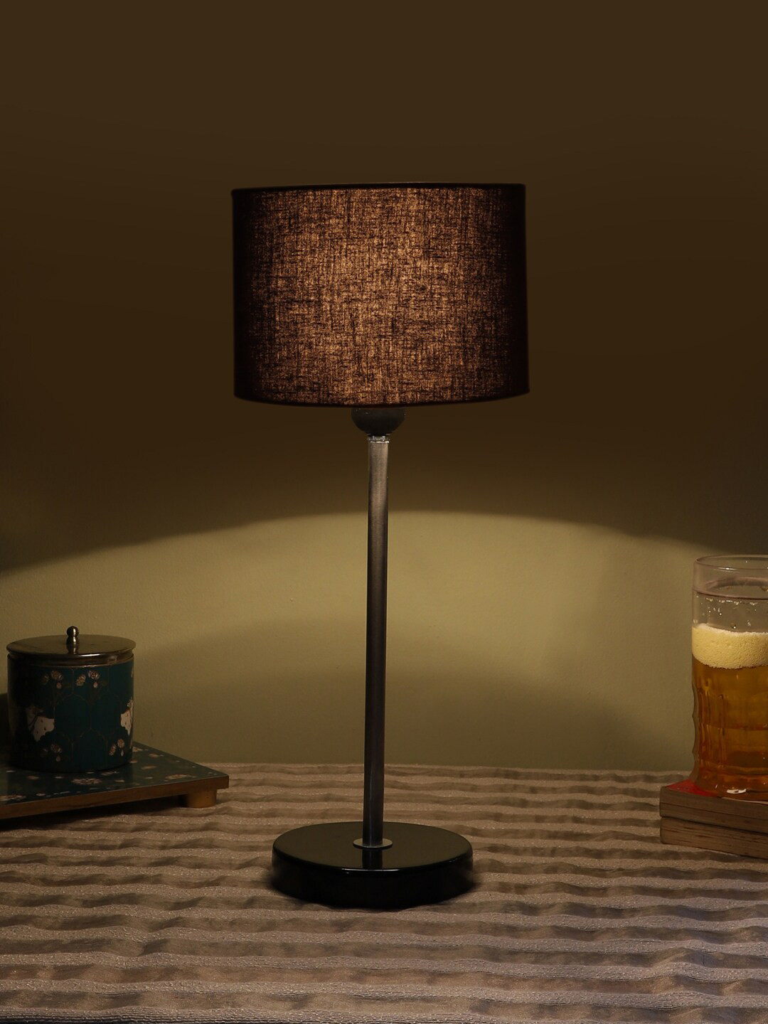 Devansh Black and SilverToned Wooden Cylinderical Table Lamp