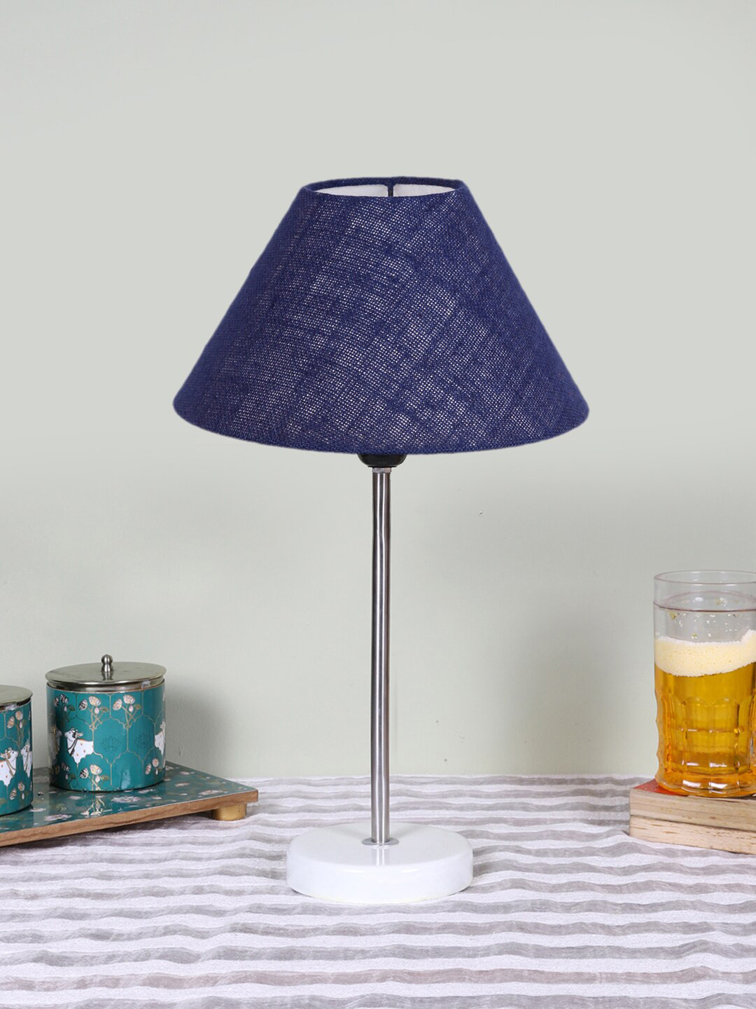 Devansh Blue and SilverToned Wooden Frustum Table Lamp