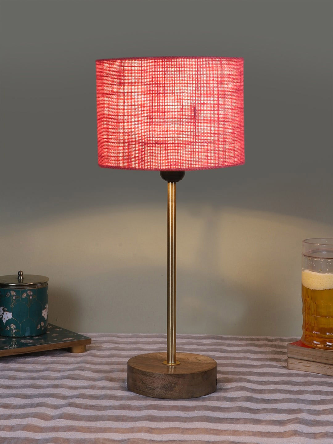 Devansh Pink Textured Cylinder Shaped Wooden Contemporary Table Lamp