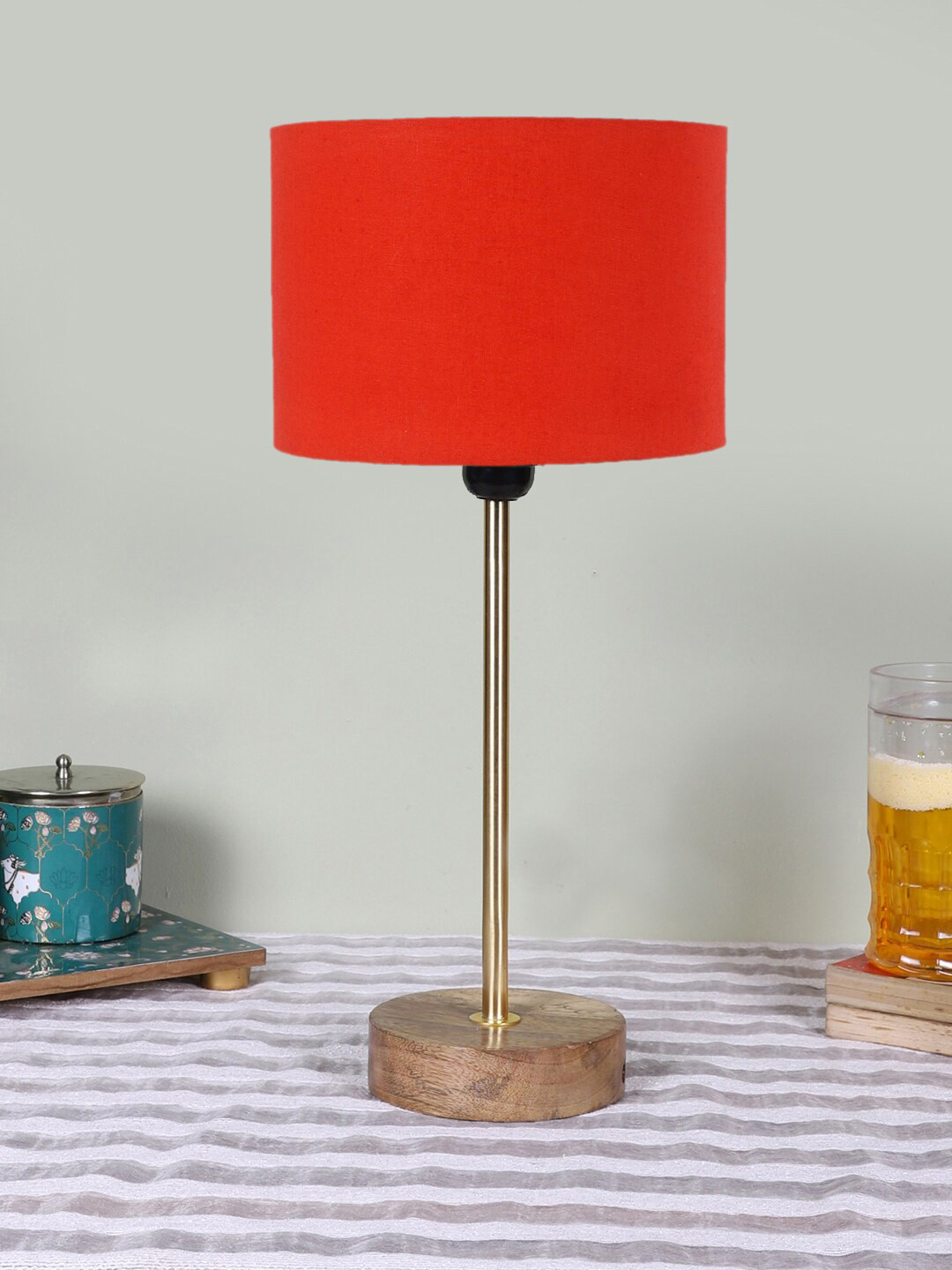 Devansh Orange Cylinder Shaped Wooden Contemporary Table Lamp
