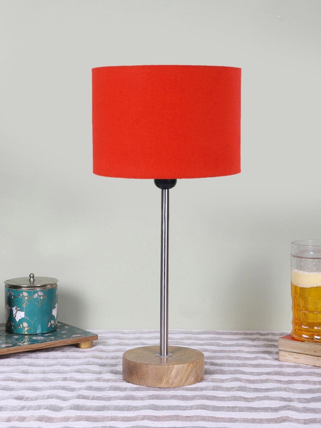 Devansh Orange Cylinder Wooden Contemporary Table Lamp