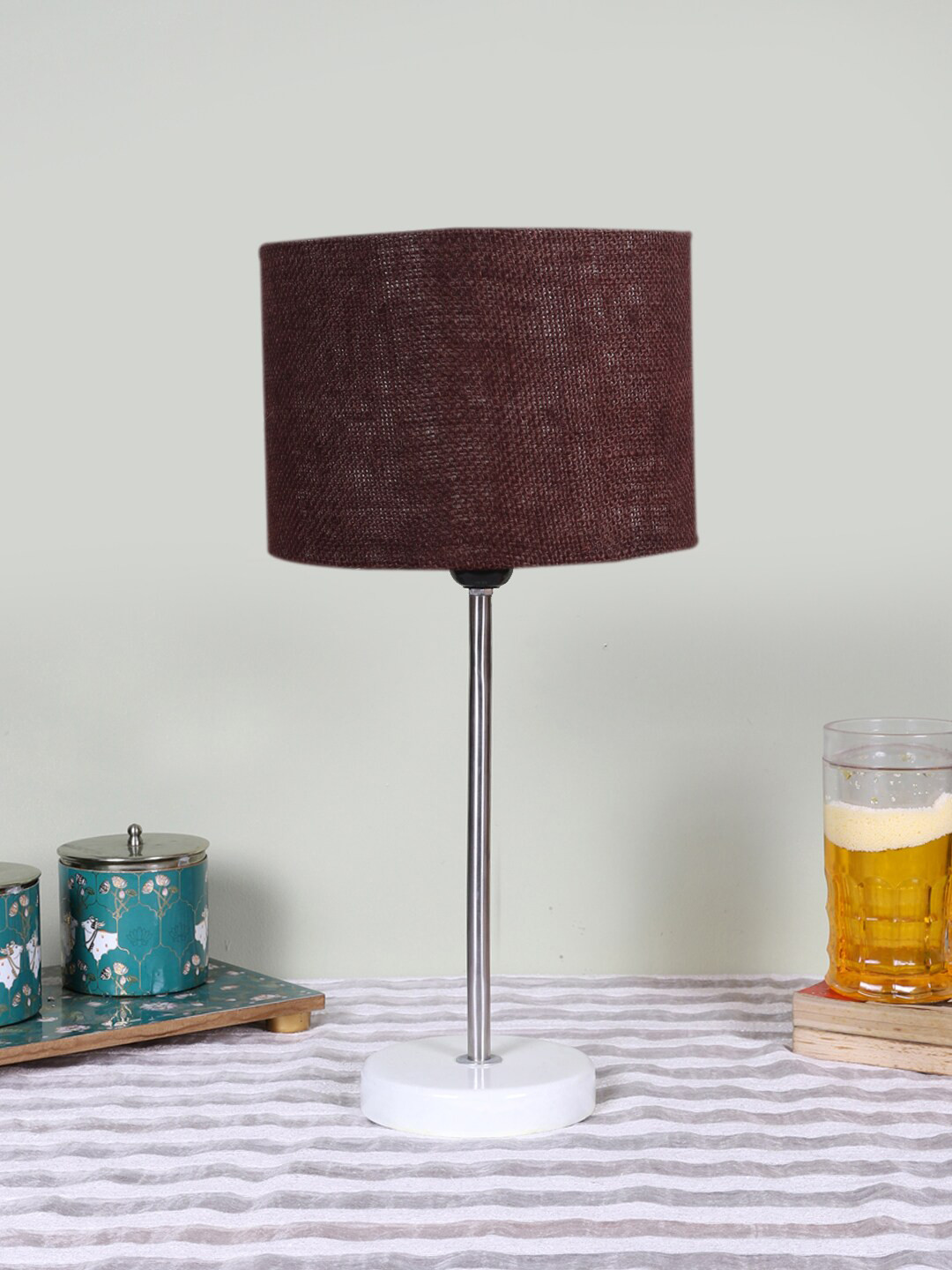 Devansh Brown Textured Jute Shade Cylinder Shape Table Lamp