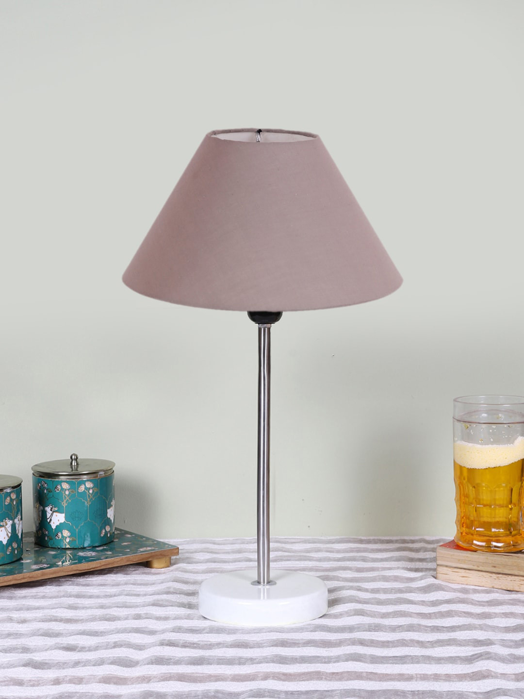 Devansh Grey & White Textured Cotton Shade Frustum Shape Table Lamp