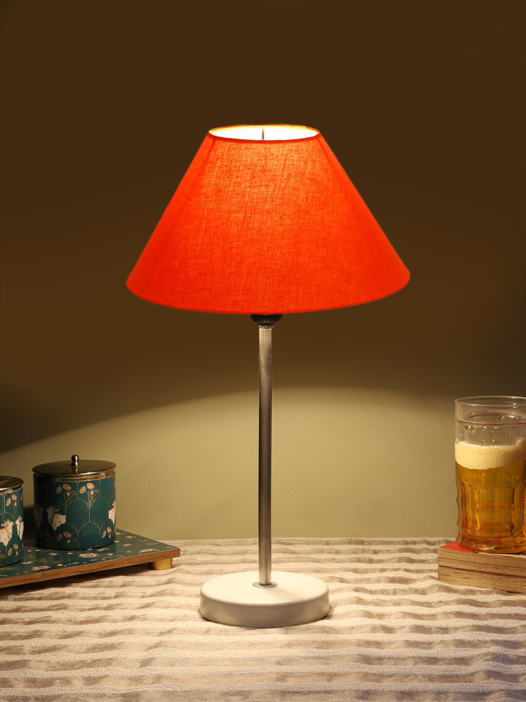 Devansh Orange Textured Cotton Shade Frustum Shape Table Lamp