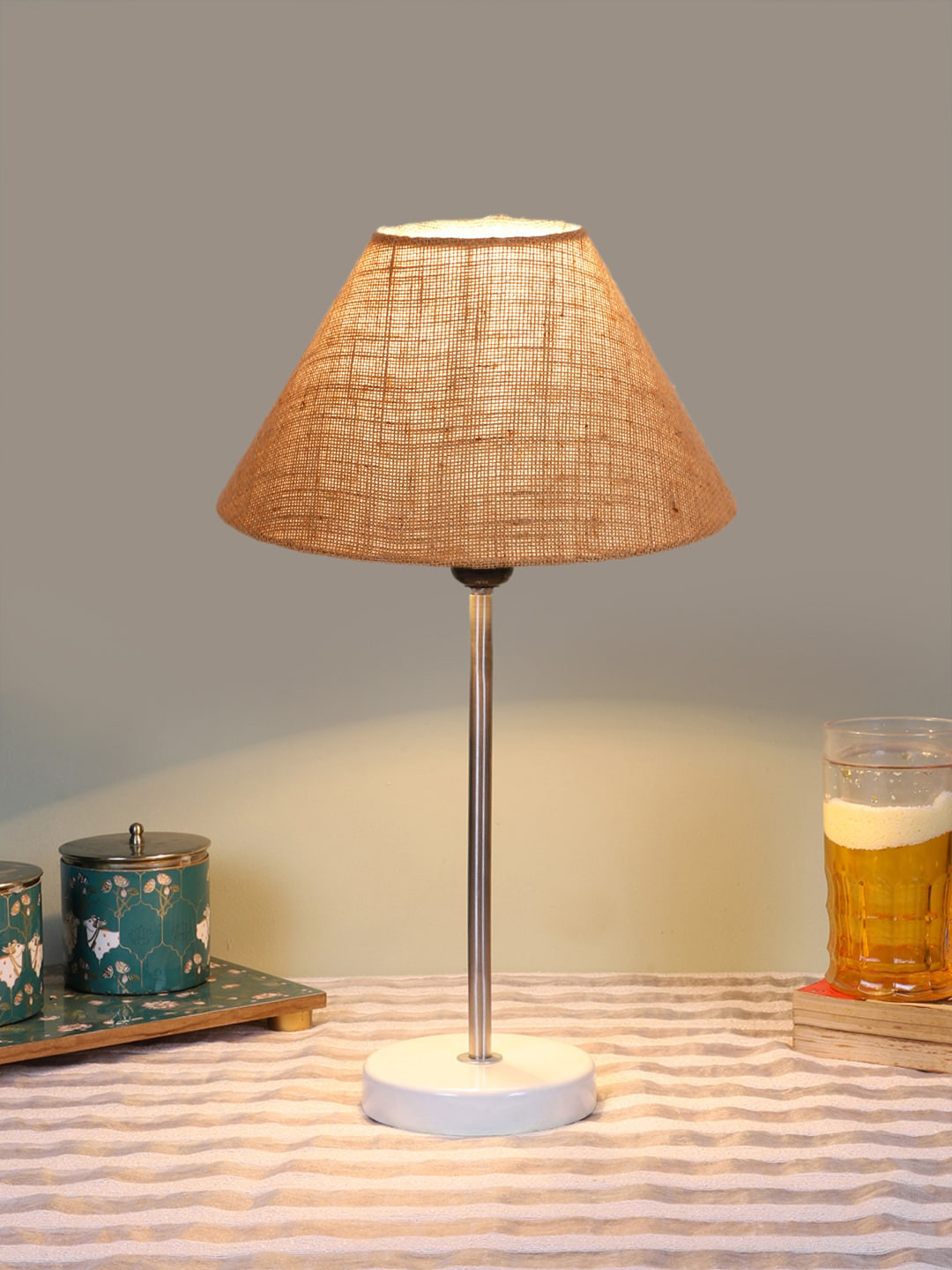 Devansh Beige & White Textured Jute Shade Frustum Shape Table Lamp