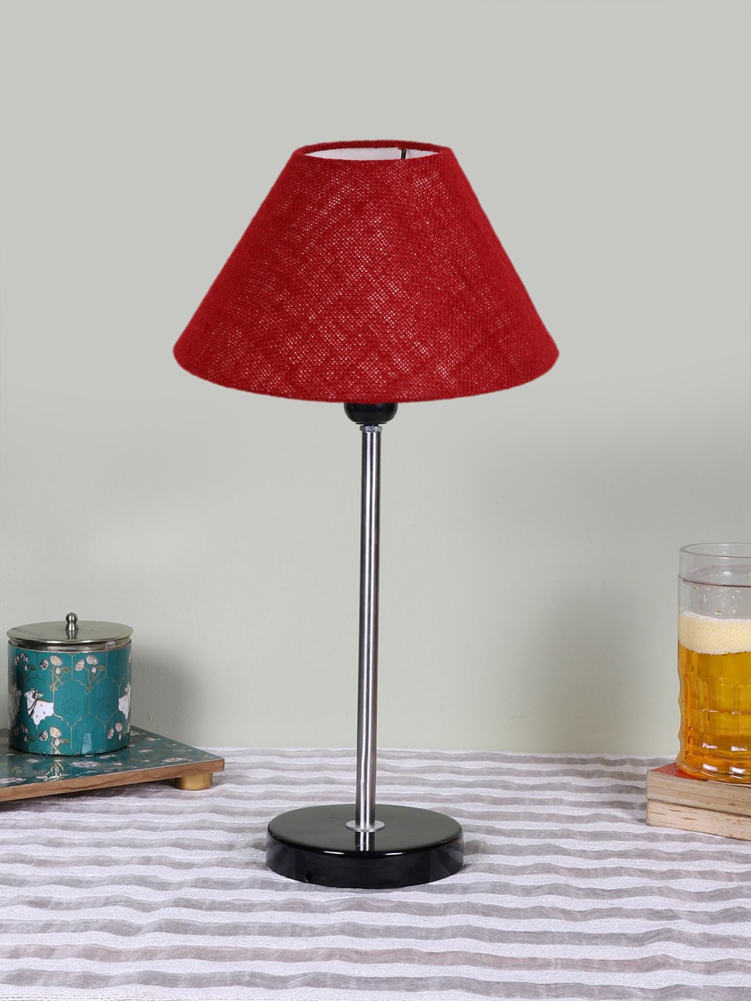 Devansh Maroon Jute Shade With Wooden Base Contemporary  Table Lamp