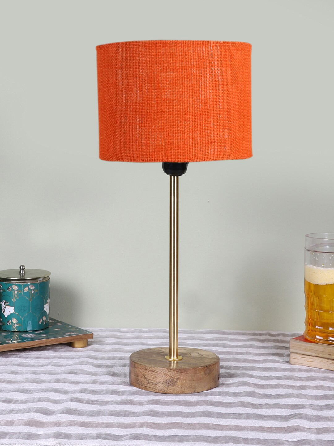 Devansh Orange Textured Wooden Contemporary Cylindrical Shaped Table Lamp