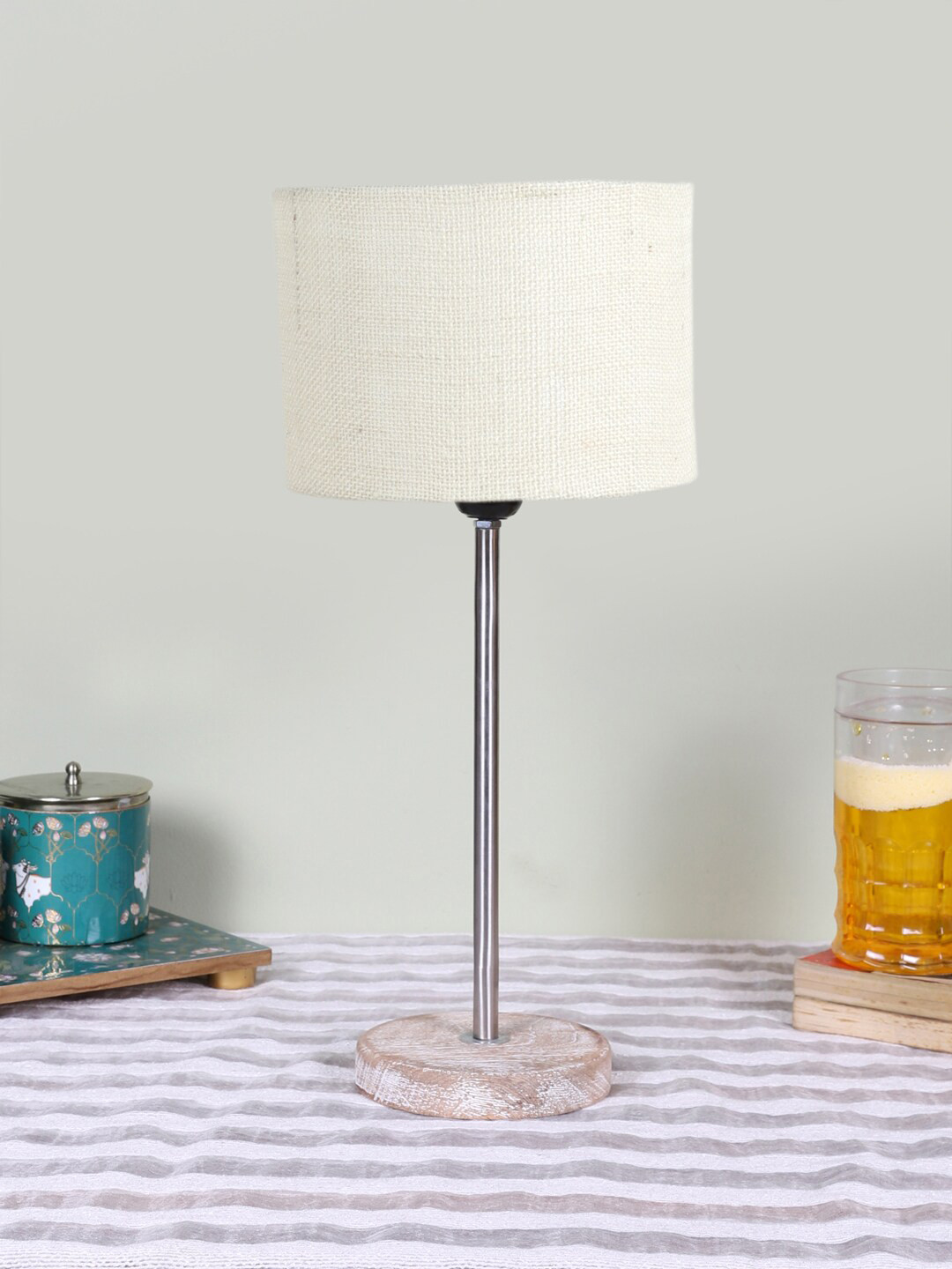 Devansh White Cylinder Wooden Table Lamp