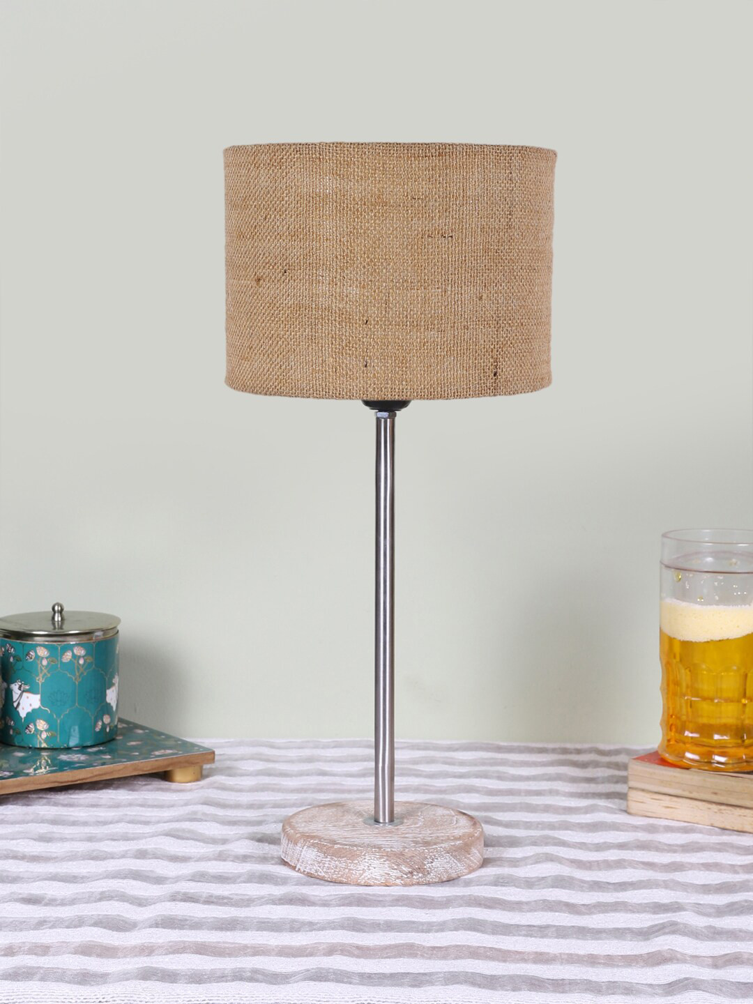 Devansh Beige Cylinder Wooden Table Lamp