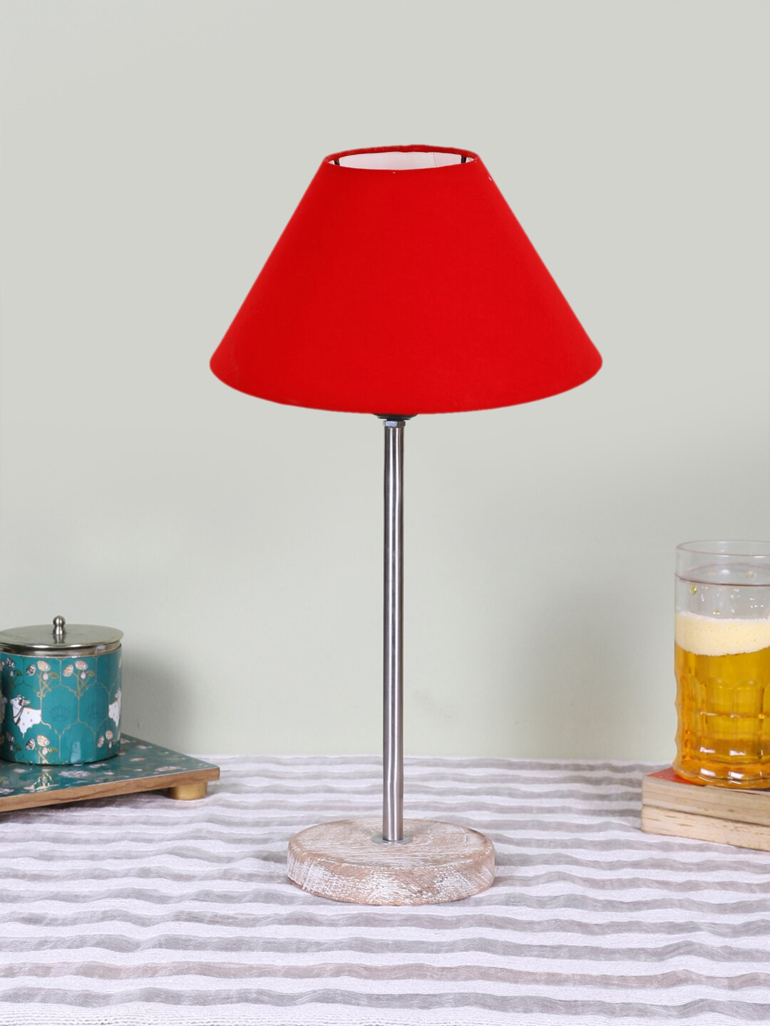 Devansh Red Frustum Wooden Table Lamps