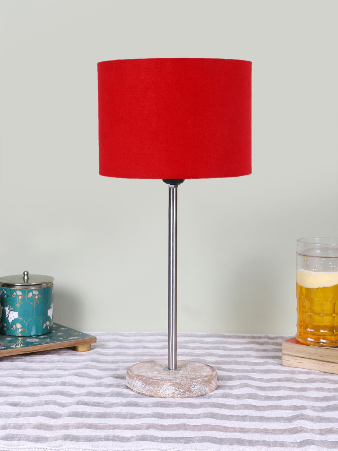 Devansh Wooden & Cotton Cylinder Contemporary Table Lamp