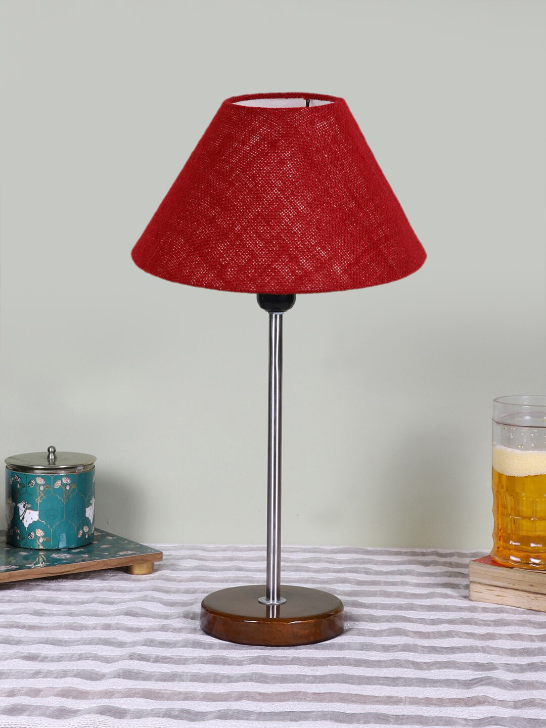 Devansh Marron Wood & Cotton Frustum Contemporary Table Lamp