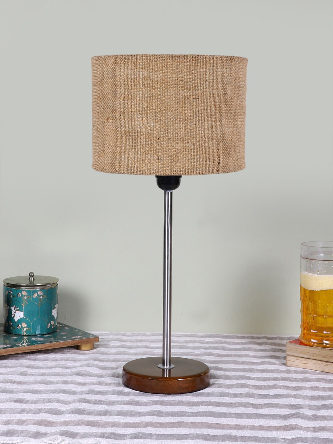 Devansh Wood & Cotton Cylinder Contemporary Table Lamp