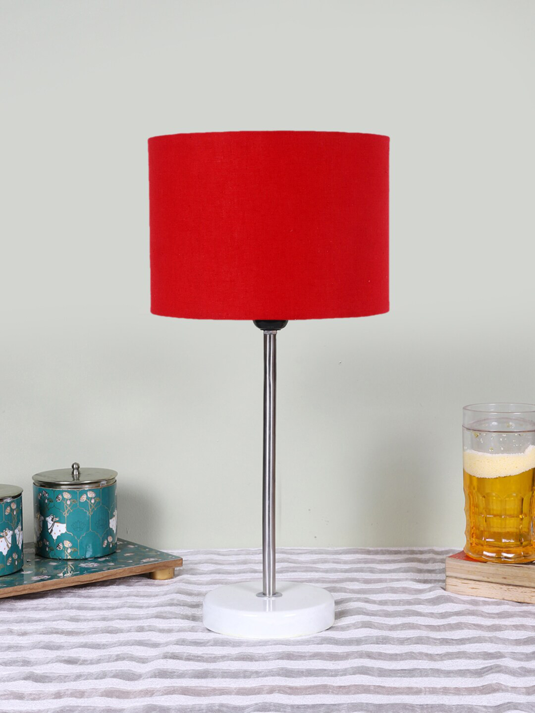 Devansh Red Cylindrical Wooden Table Lamp