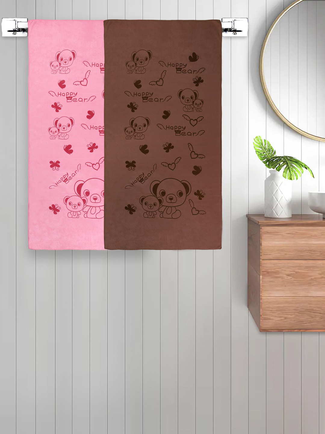 FABINALIV Set of 2 Pink & Brown Cartoon Printed 300 GSM Cotton Kids Bath Towels