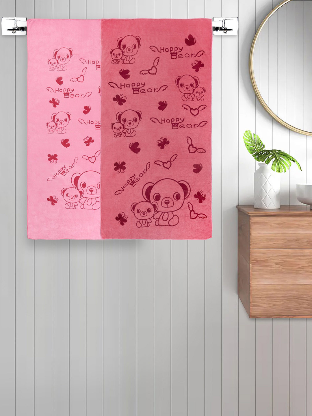 FABINALIV Set of 2 Red & Pink Cartoon Printed 300 GSM Cotton Kids Bath Towels