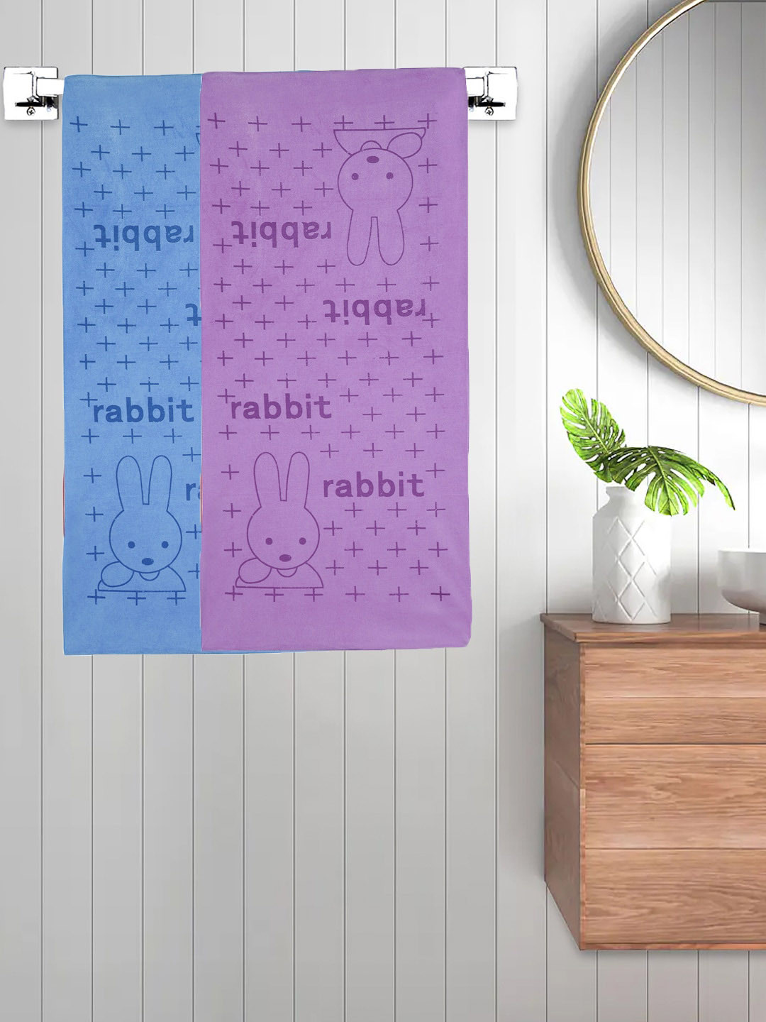 FABINALIV Set of 2 Purple & Blue Cartoon Printed 300 GSM Cotton Kids Bath Towels