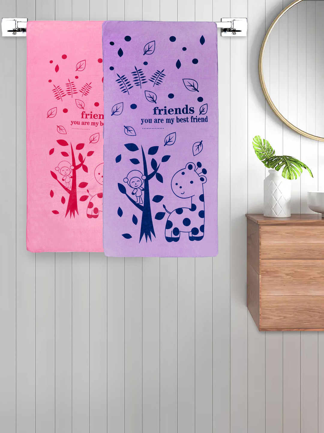 FABINALIV Set of 2 Pink and Purple Cartoon Printed 300 GSM Cotton Kids Bath Towels