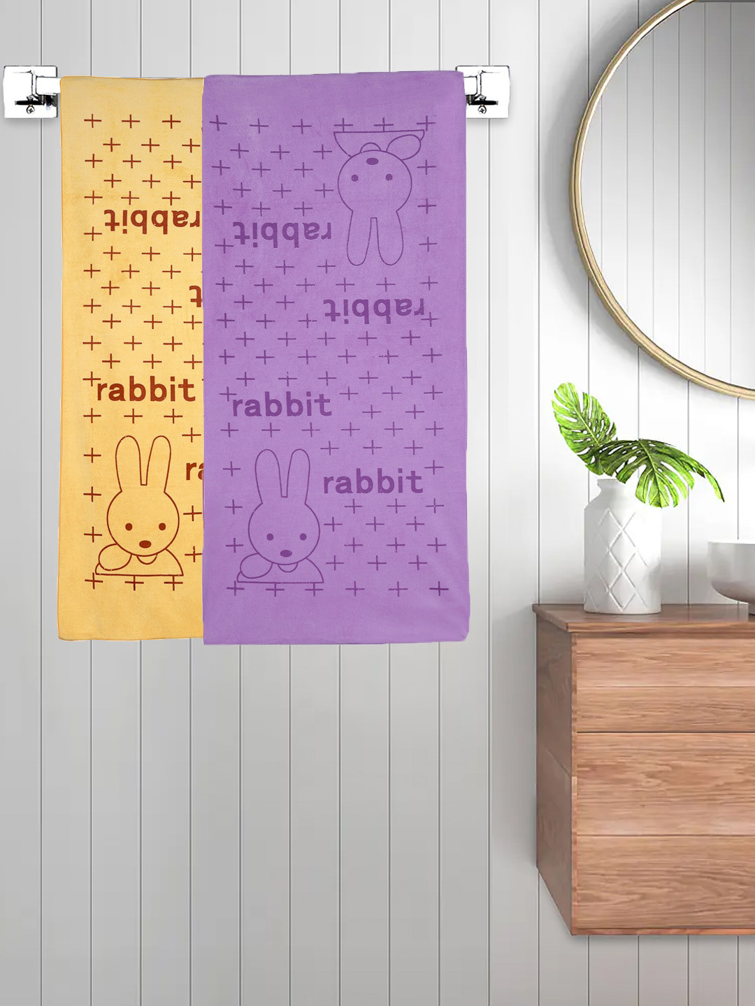 FABINALIV Set of 2 Yellow & Purple Cartoon Printed 300 GSM Cotton Kids Bath Towels