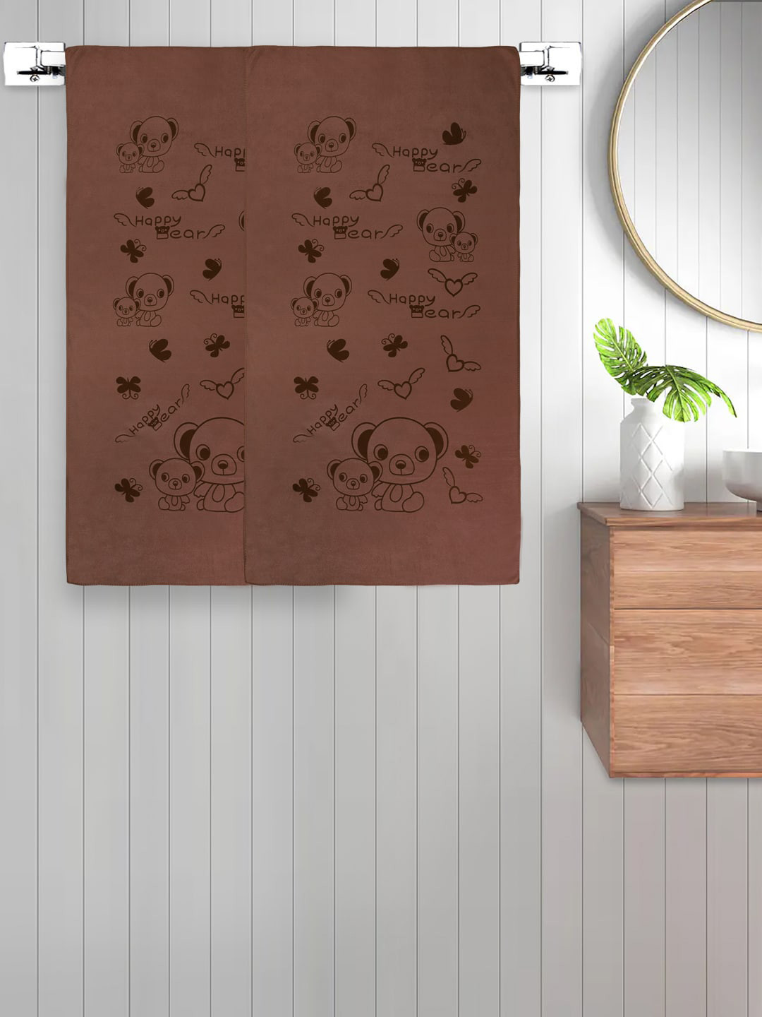 FABINALIV Set of 2 Brown Cartoon Printed 300 GSM Cotton Kids Bath Towels