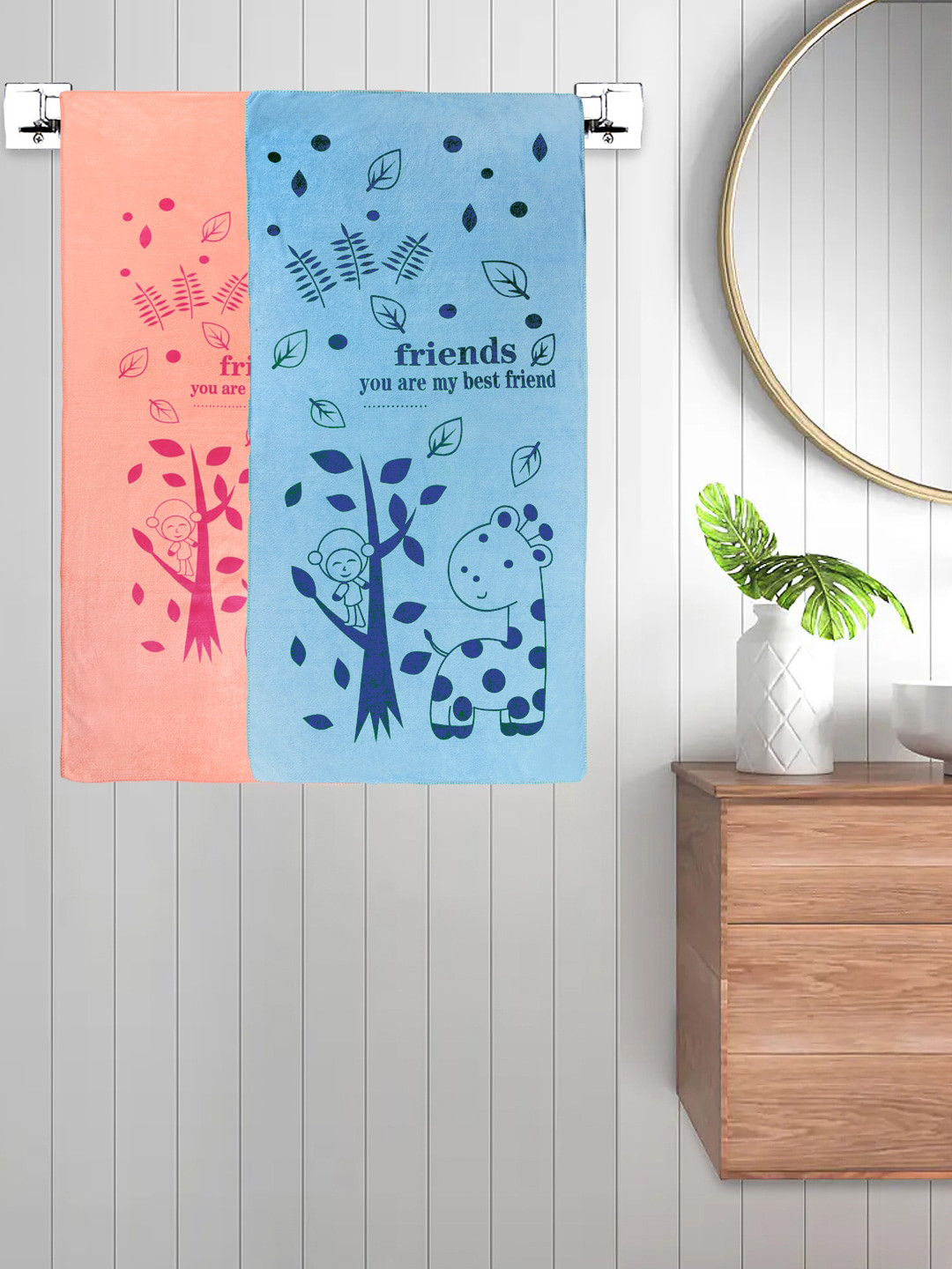 FABINALIV Set of 2 Peach & Blue Cartoon Printed 300 GSM Cotton Kids Bath Towels