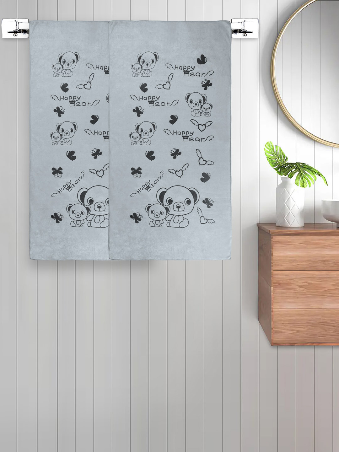 FABINALIV Set of 2 Grey Cartoon Printed 300 GSM Cotton Kids Bath Towels