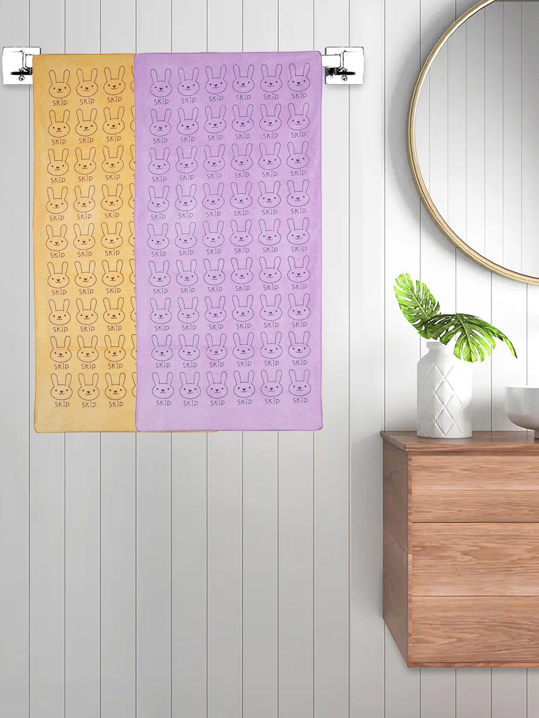 FABINALIV Set of 2 Yellow & Purple Cartoon Printed 300 GSM Cotton Kids Bath Towels