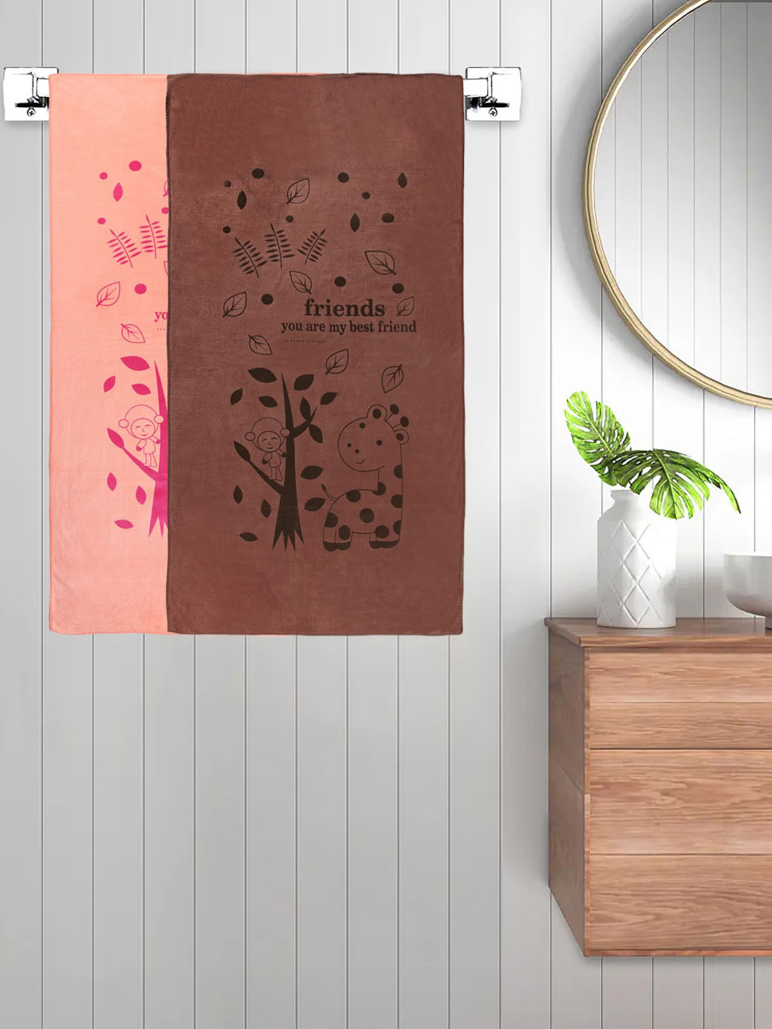 FABINALIV Set of 2 Peach & Brown Cartoon Printed 300 GSM Cotton Kids Bath Towels