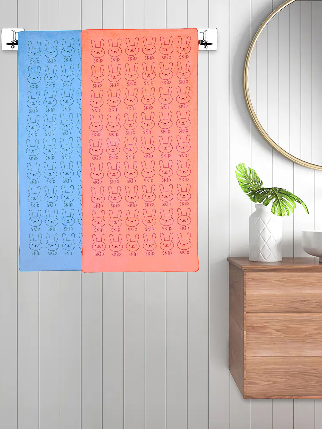 FABINALIV Set of 2 Peach & Blue Cartoon Printed 300 GSM Cotton Kids Bath Towels