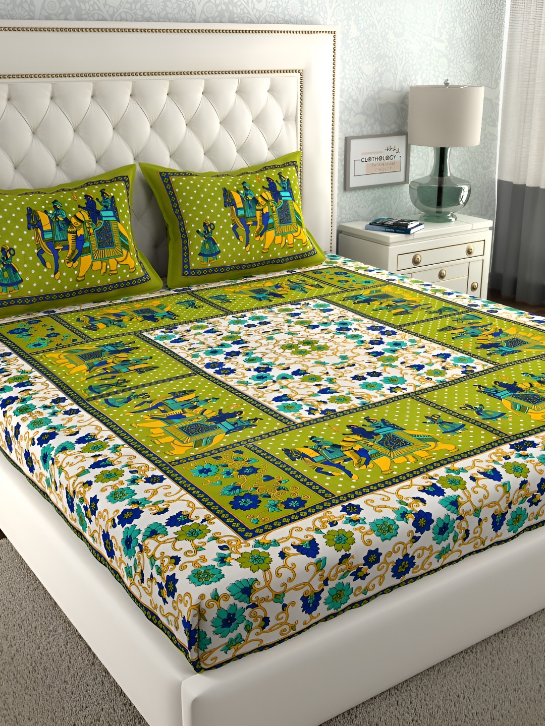 CLOTHOLOGY Green Ethnic Motifs Cotton Breathable 104 TC Queen Coarse Bedsheet with 2 Pillow Covers-83 x 93 inches