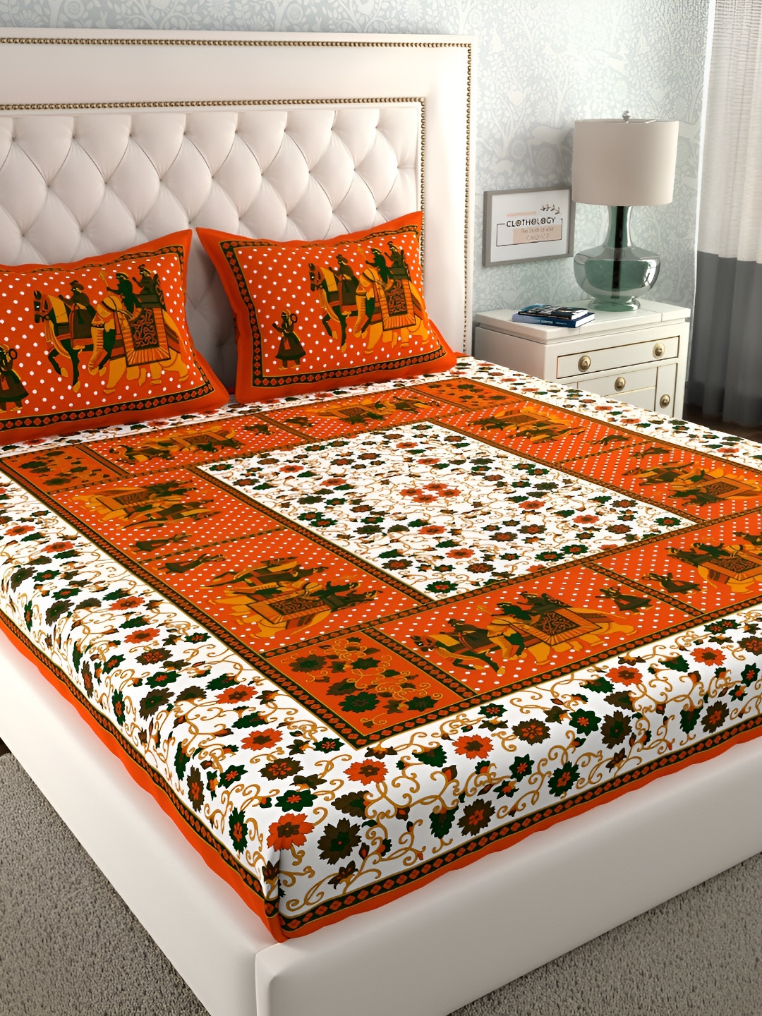 CLOTHOLOGY Gangaur Orange Ethnic Motifs Cotton Breathable 104 TC Queen Coarse Bedsheet with 2 Pillow Covers-83 x 93 inches
