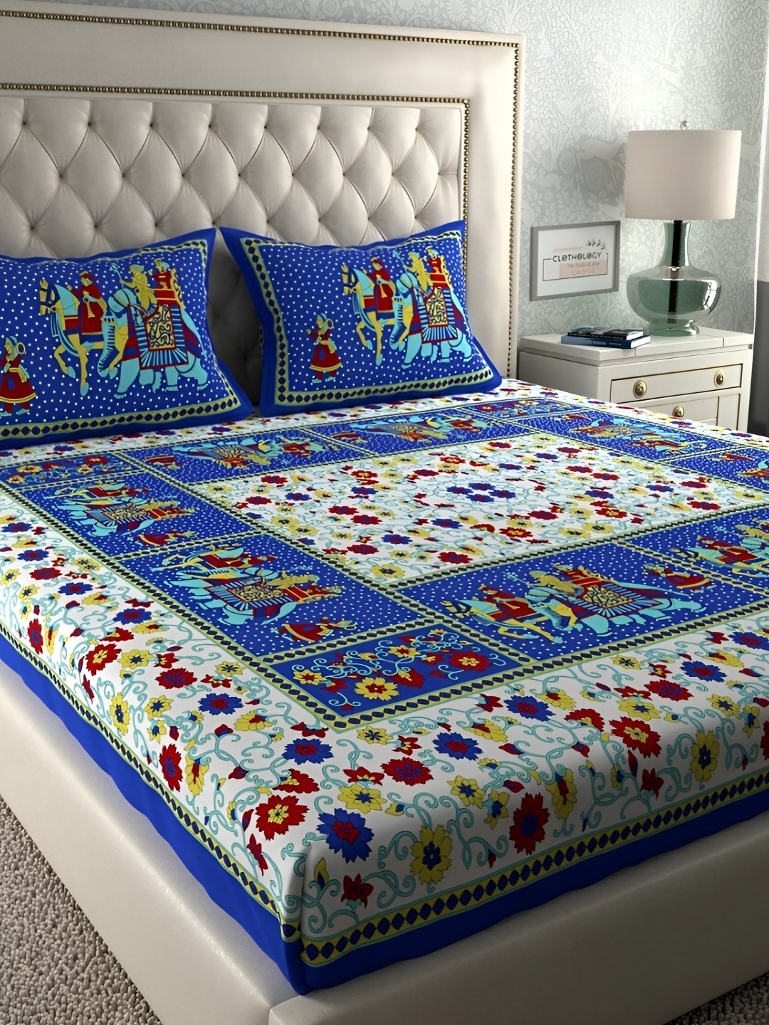 CLOTHOLOGY Gangaur Blue Ethnic Motifs Cotton Breathable 104 TC Queen Coarse Bedsheet with 2 Pillow Covers-83 x 93 inches