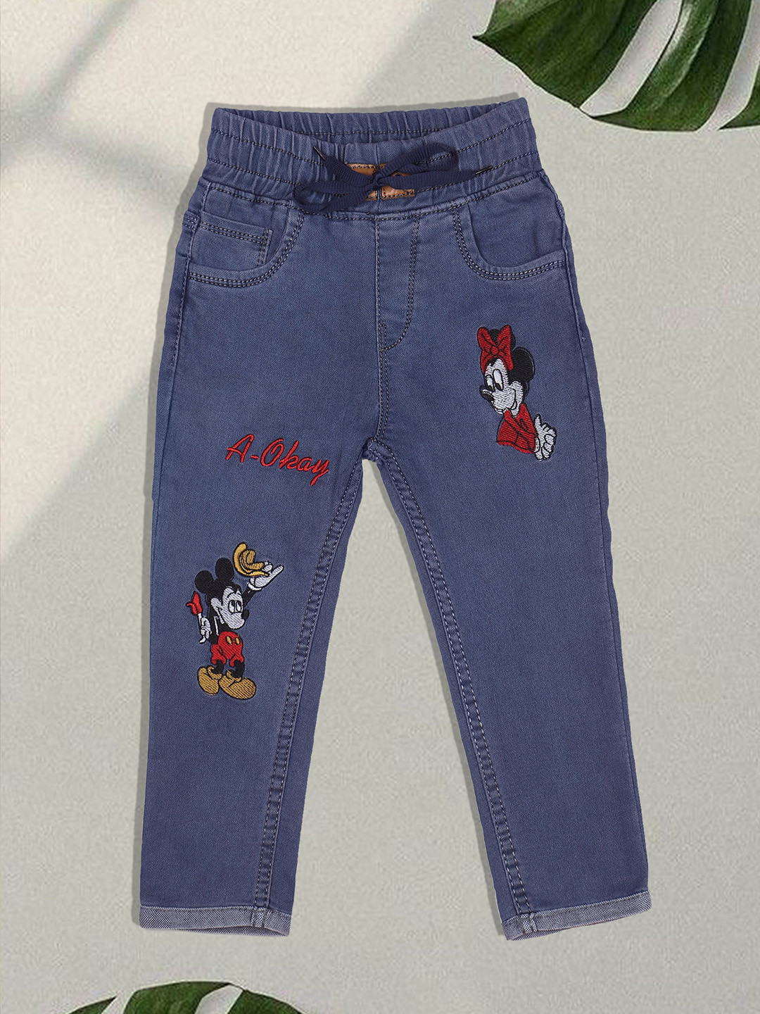 A-Okay Kids Embroidered High-Rise Denim Jogger Fit Jeans