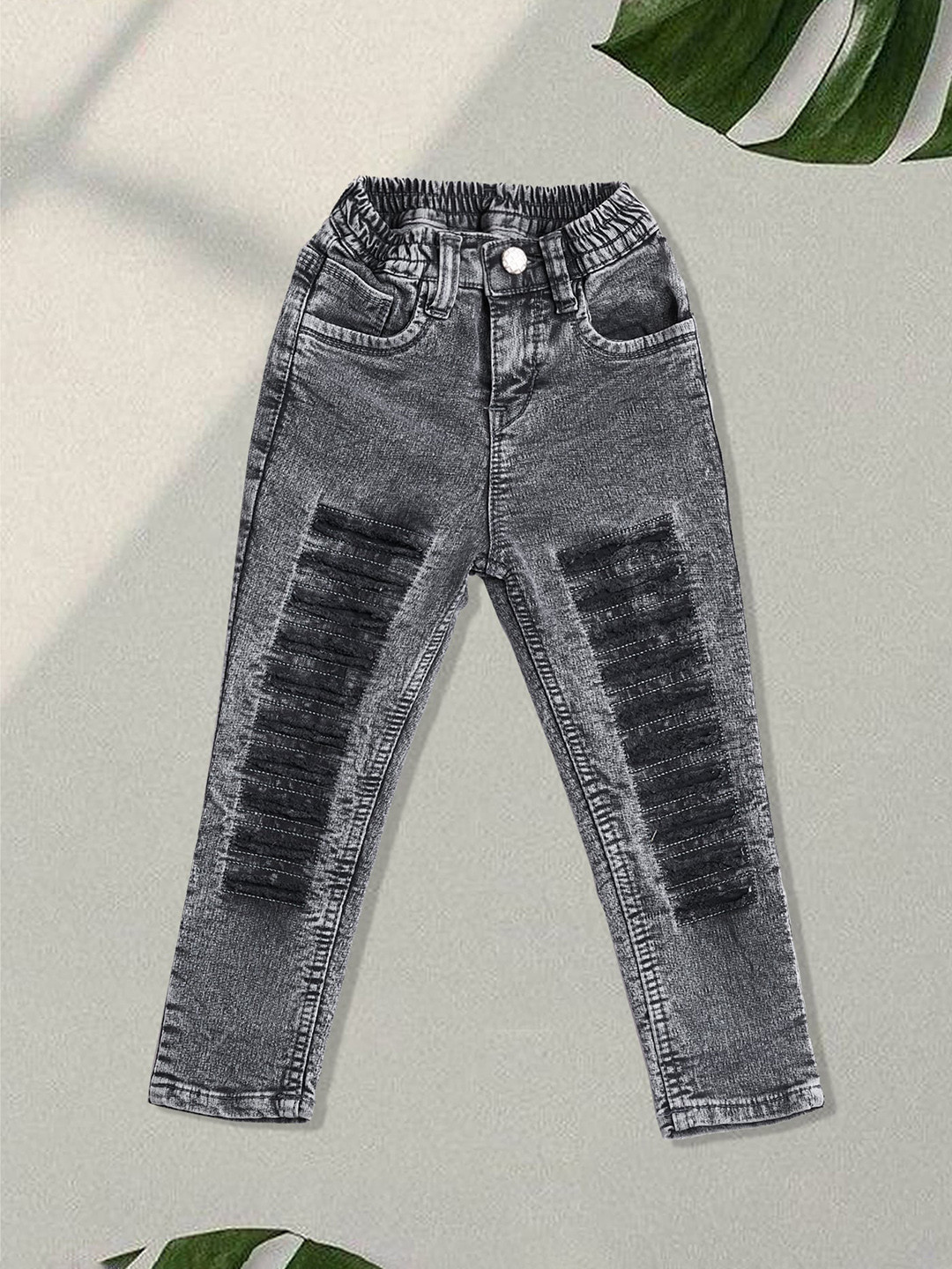 A-Okay Kids Slim Fit High-Rise Slash Knee Light Fade Cropped Cotton Denim Jogger
