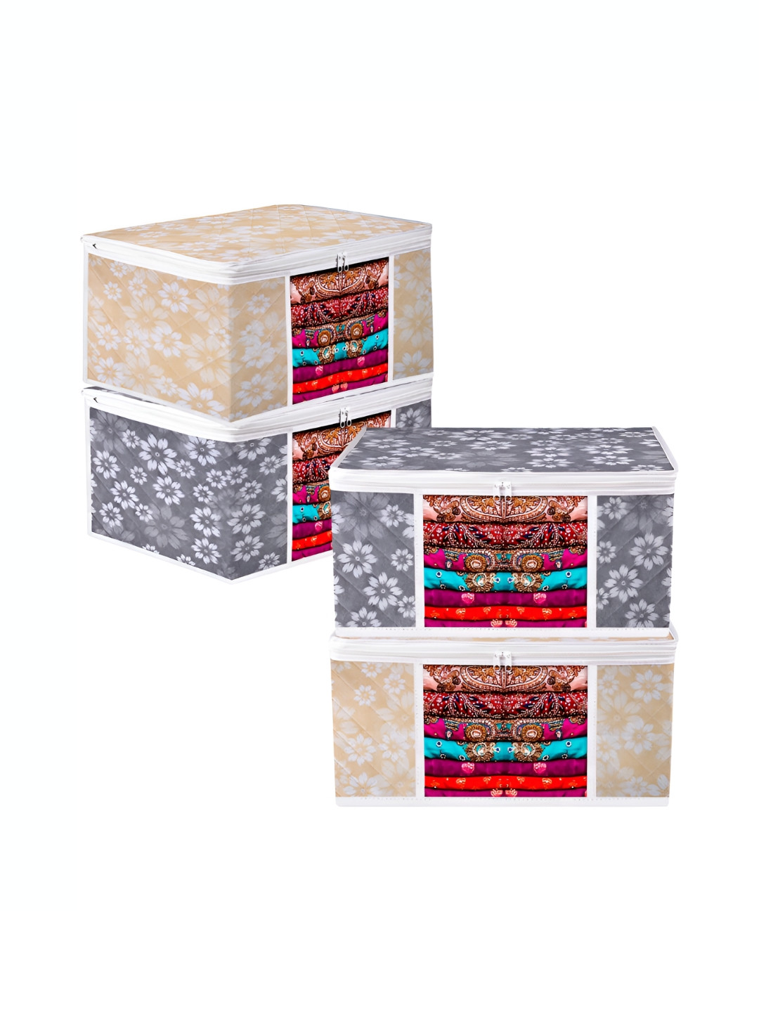 Kuber Industries Grey 4 Pieces Flower Quilted Saree Storage with Visible Window Organiser