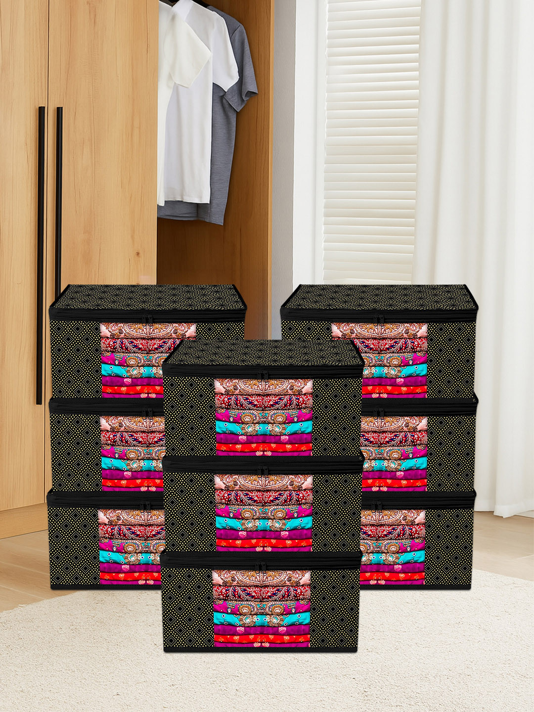 Kuber Industries Black 9 Pieces Golden Dot Visible Window Saree Storage Organisers