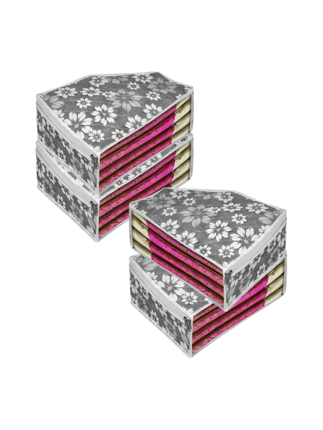Kuber Industries Grey 4 Pieces Flower Quilted Blouse Storage Window Organisers