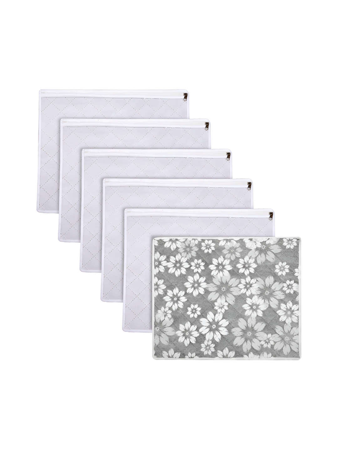 Kuber Industries Grey 6 Pieces Flower Quilted Saree with Top Visible Window Organisers